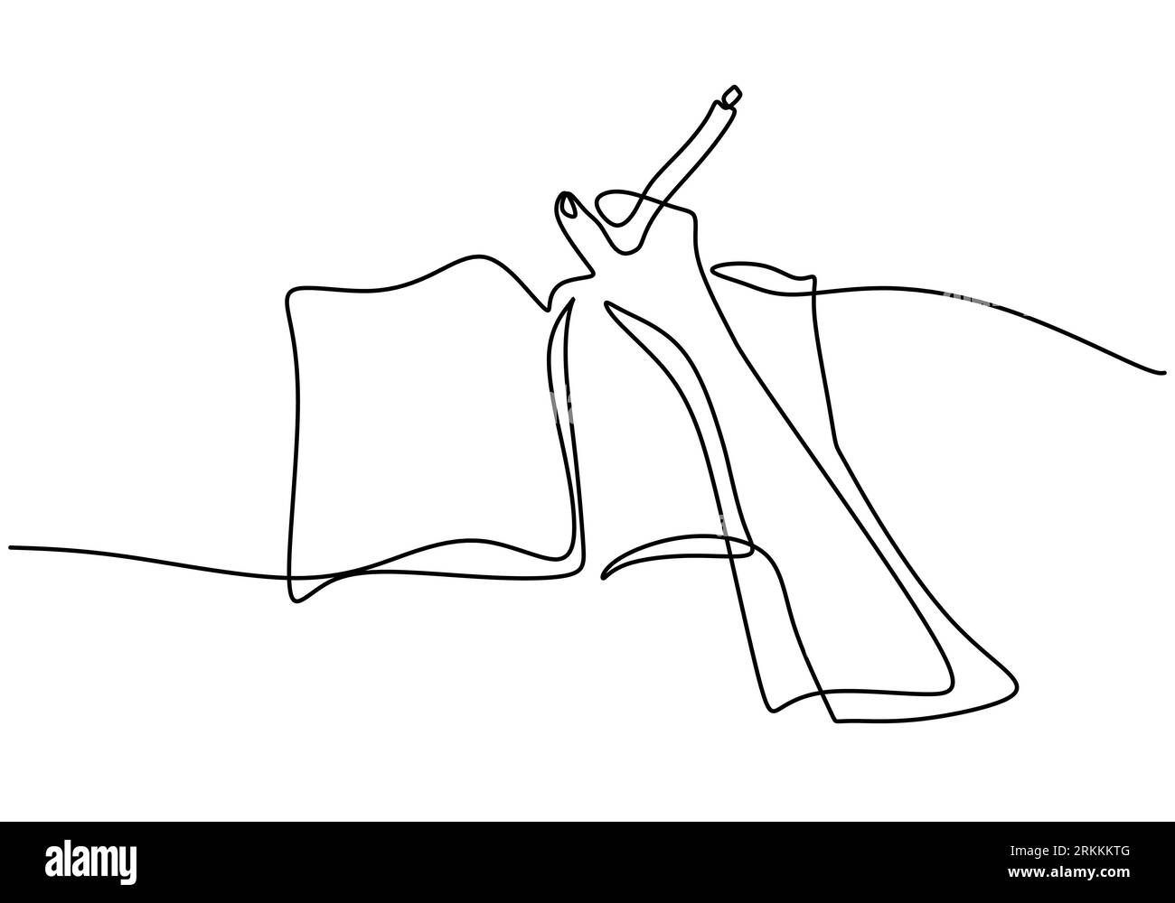 Disegno a linea continua singolo della scrittura gestuale della mano su un libro aperto sulla scrivania. Scrivere lavoro a casa o bozze di affari. College Student study desk co Illustrazione Vettoriale