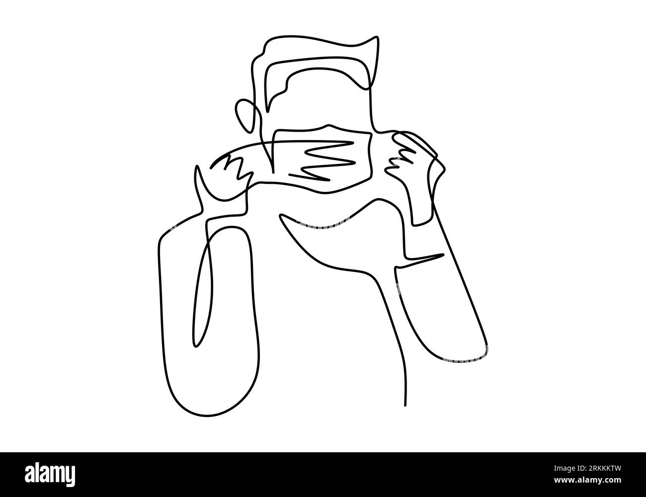 Linea continua disegno di giovane uomo che indossa maschera chirurgica per proteggere la malattia, influenza, inquinamento atmosferico, pandemia, virus. Prevenzione del tema COVID-19. Vettore Illustrazione Vettoriale