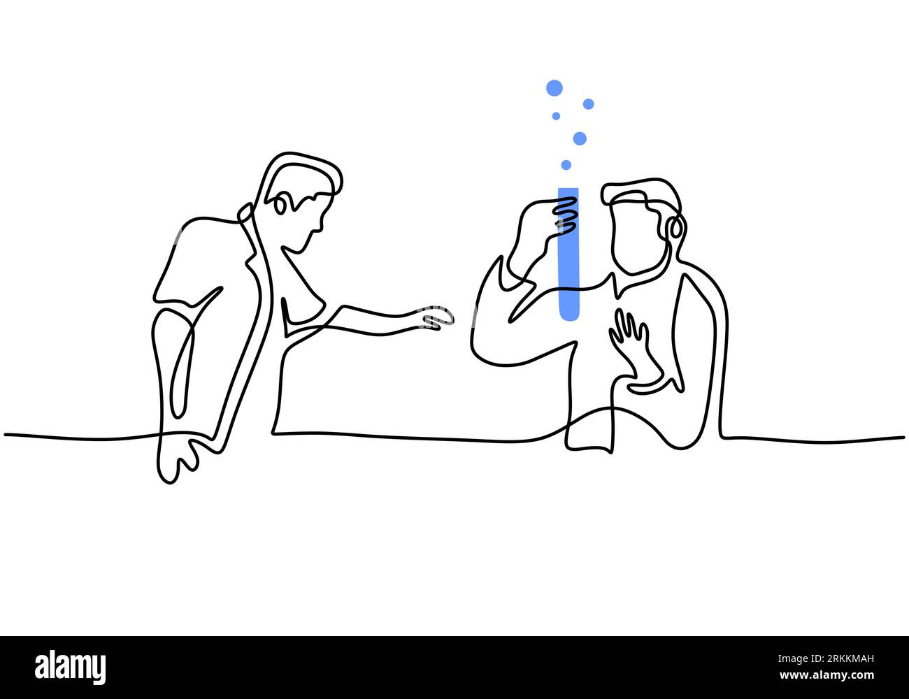 Continuo singolo disegnato una linea scienziato ricercatore professore e uno studente che fa esperimenti in laboratorio. Il concetto di scienza e istruzione, sc Illustrazione Vettoriale