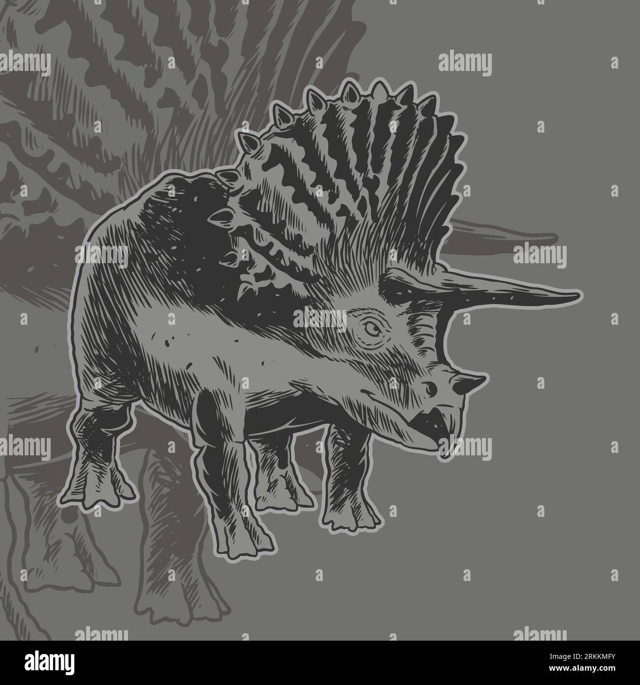 Triceratops dinosauro disegnato a mano. Dinosauro erbivoro. Concetto di mascotte animale preistorico. Design grafico per t-shirt bambini. Illustrazione vettoriale Illustrazione Vettoriale