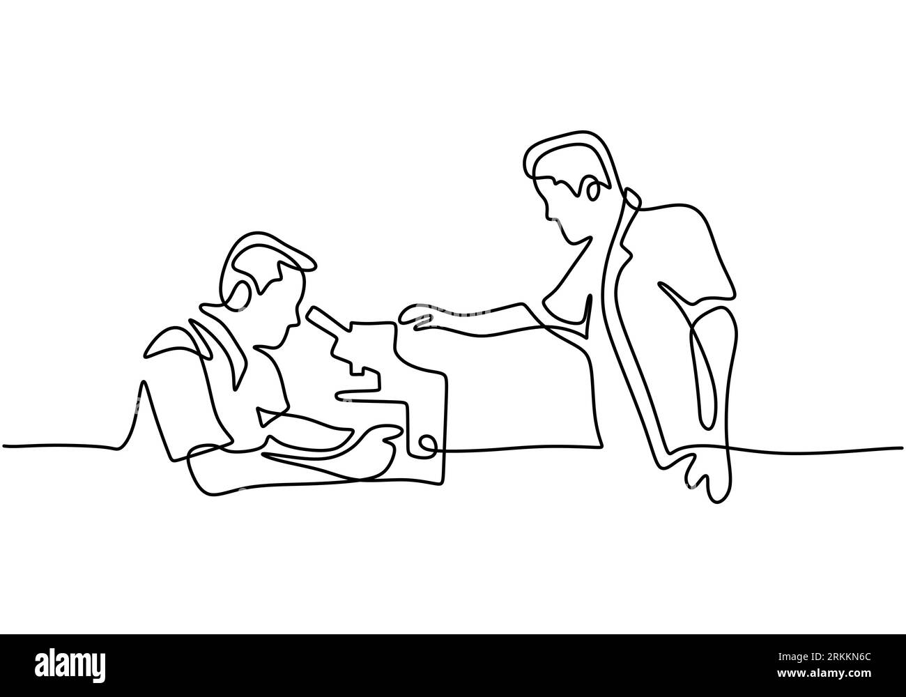 Un disegno continuo di due donne scienziate maschili che guardano attraverso il microscopio in laboratorio. Ricercatore professionista che fa esperimenti isolati Illustrazione Vettoriale