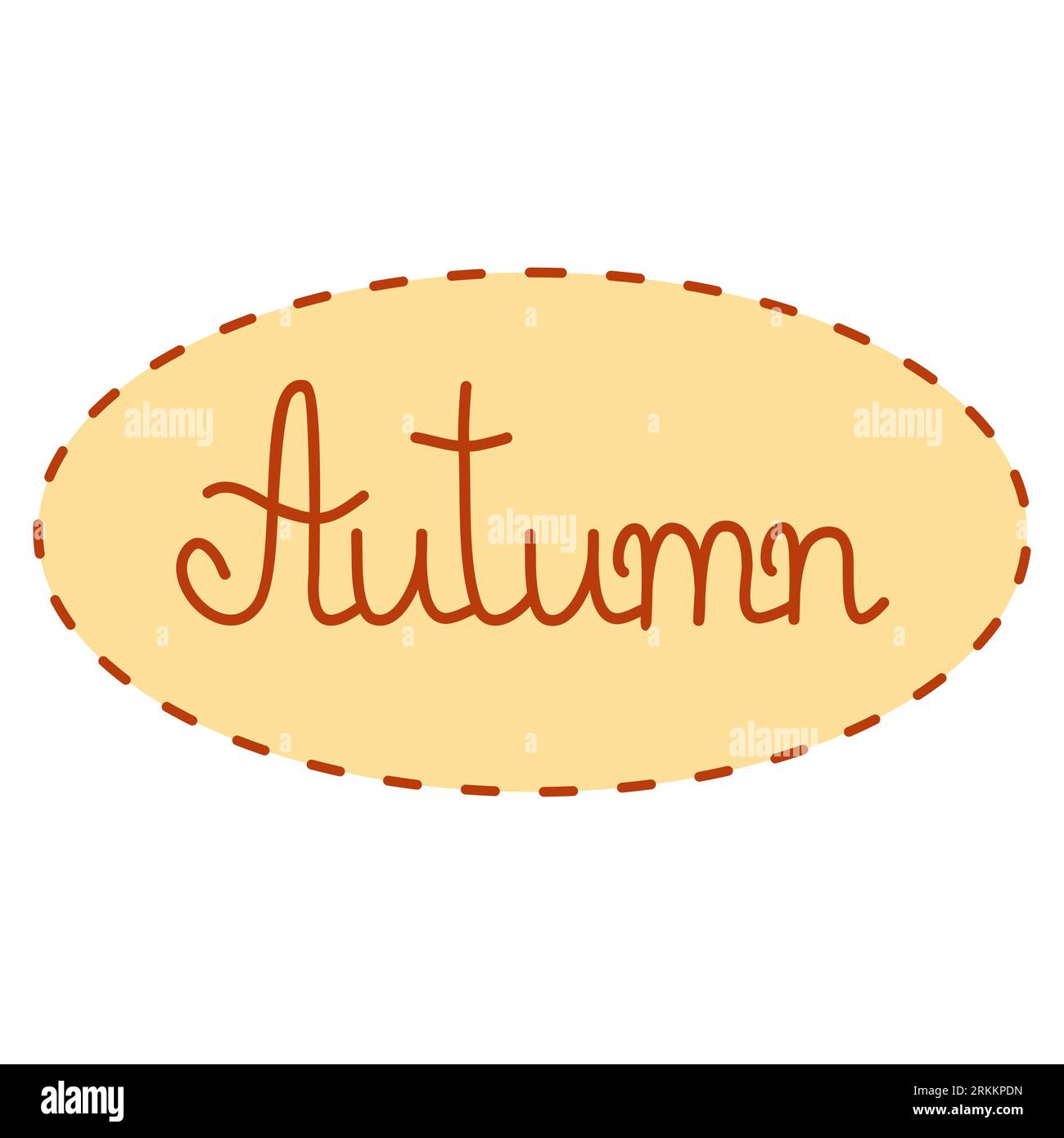 Hand written word autumn in stitch frame, autumn sign lettering, flat vector illustration Illustrazione Vettoriale