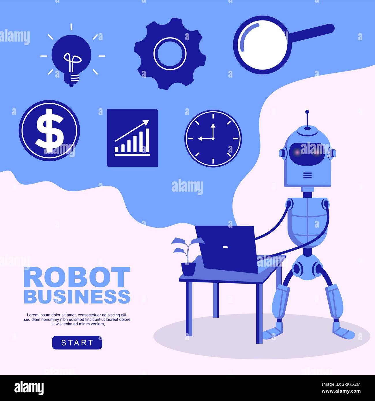 Sfondo aziendale con robot grigio che utilizza un computer portatile in stile scandinavo infantile isolato su sfondo bianco per i giocattoli dei bambini. Illustrazione Vettoriale