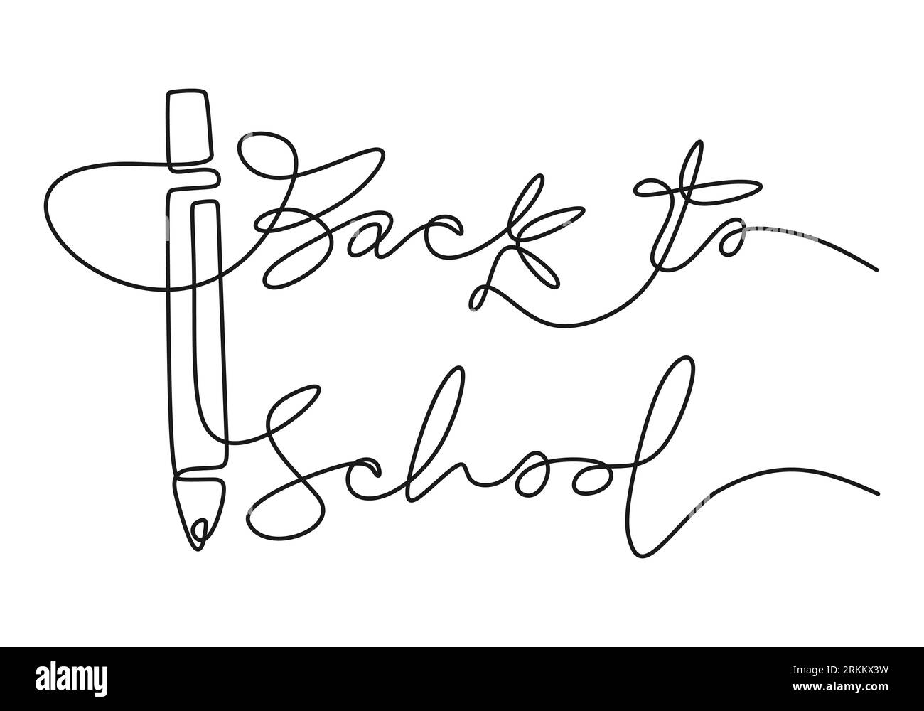 Disegno continuo a una riga di parole scritte a mano "ritorno a scuola" con matita grande isolata su sfondo bianco. Illustrazione Vettoriale