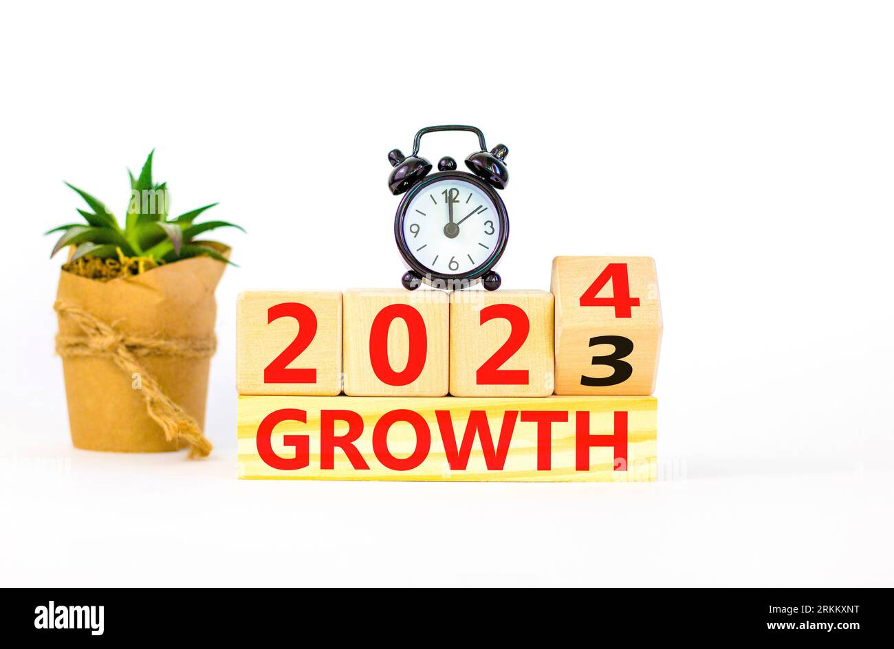 Simbolo della crescita per il nuovo anno 2024. L'uomo d'affari trasforma un cubo di legno e cambia le parole crescita 2023 in crescita 2024. Splendido sfondo bianco, copia Foto Stock