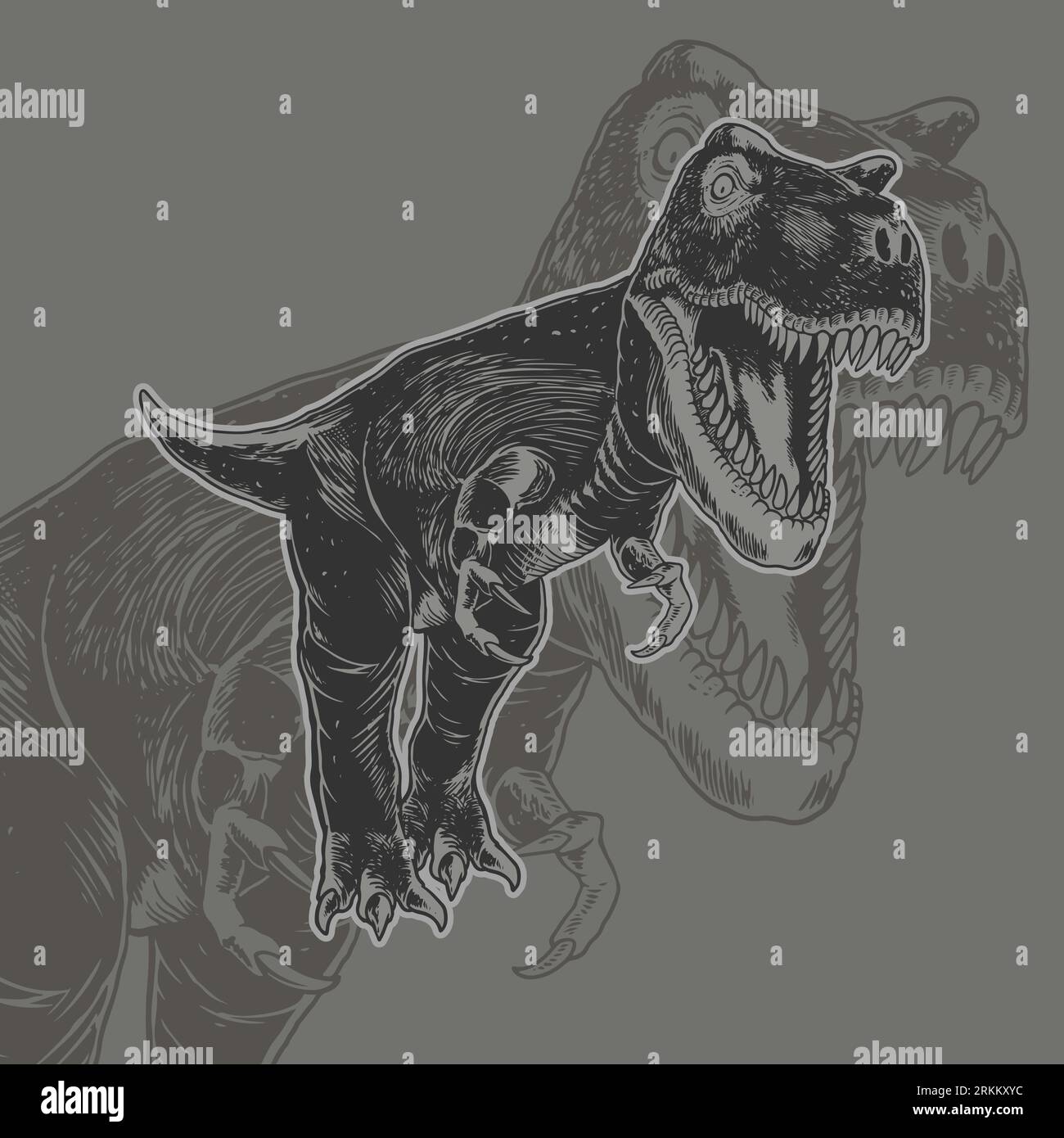Incisione Vector vintage di tiranosaurus. Carnivoro dinosauro Design originale creativo per stampe, abiti, t-shirt, bambini o Web Illustrazione Vettoriale