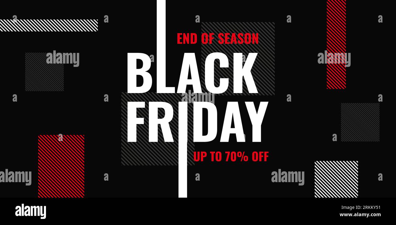 Banner di fine stagione per gli sconti del Black friday con lettera di sconto fino al 70% e forma geometrica rossa bianca. Illustrazione Vettoriale