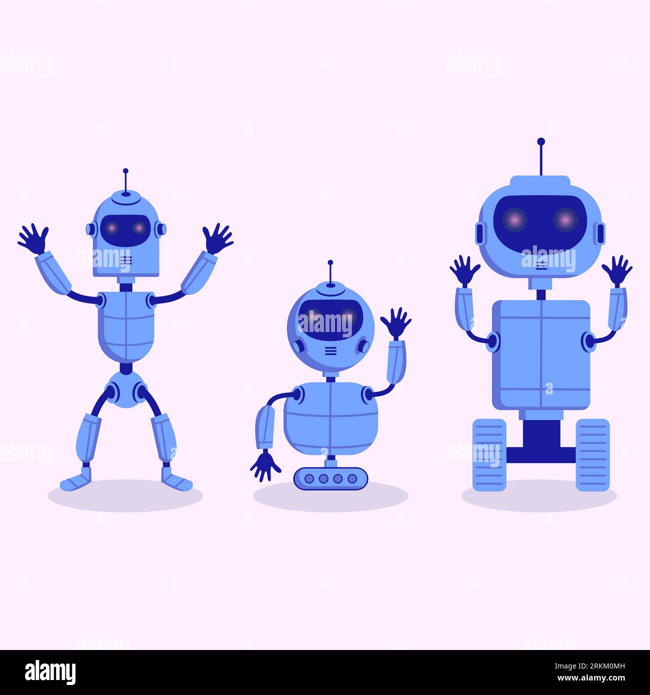 Tre graziosi robot grigi isolati su sfondo bianco Illustrazione Vettoriale
