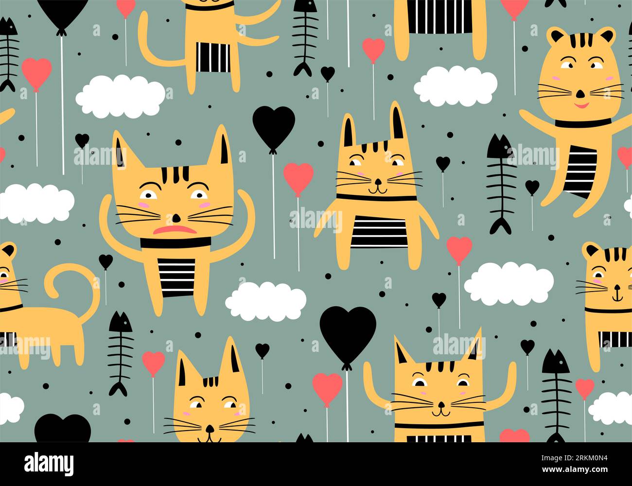 Modello senza cuciture con gatto e palloncini disegnati a mano Illustrazione Vettoriale