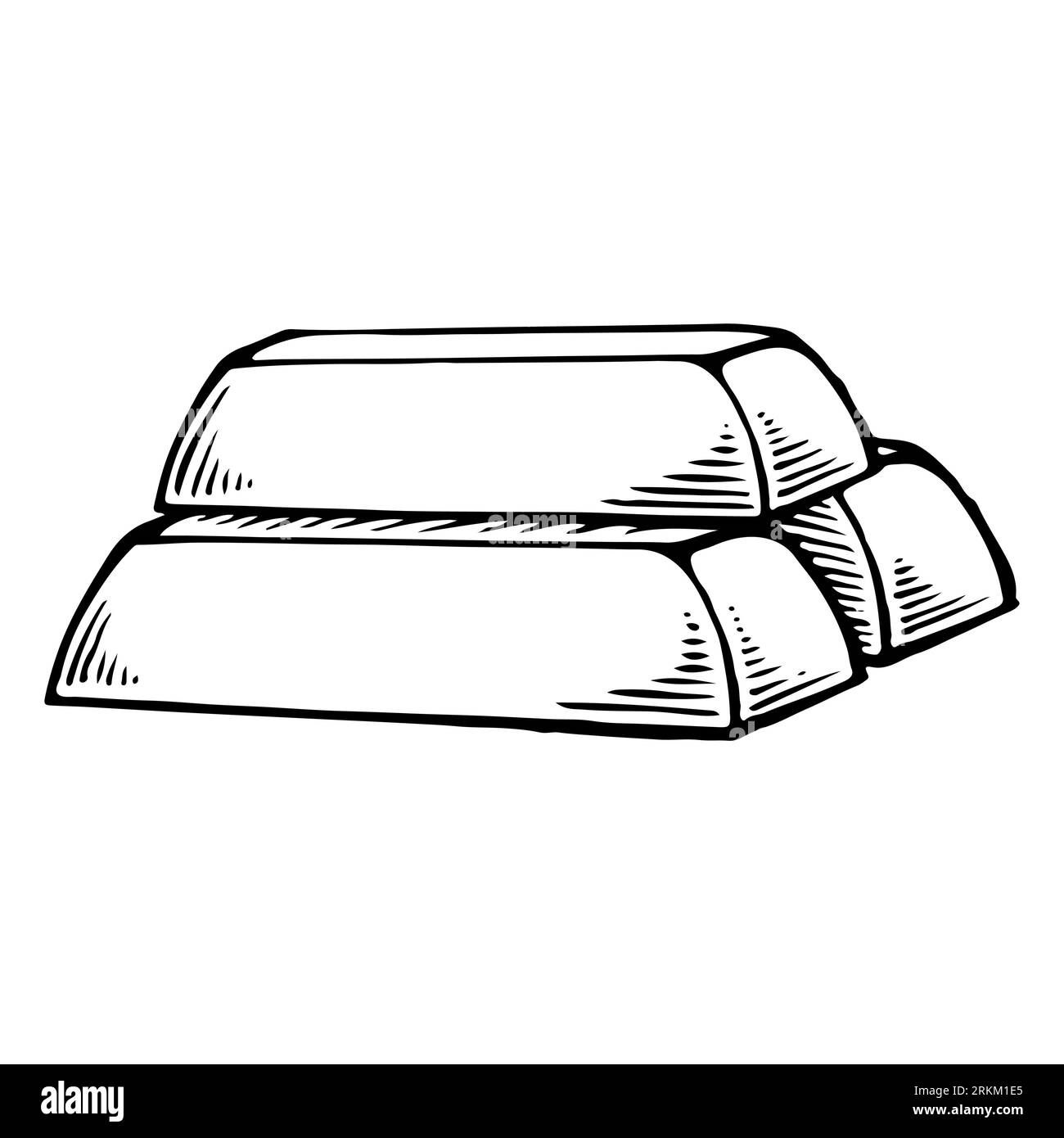 Bozzetto di lingotti dorati in stile incisivo. Gruppo di blocchi kg di vault solidi isolati su sfondo bianco. Illustrazione vettoriale disegnata a mano in bianco e nero Illustrazione Vettoriale