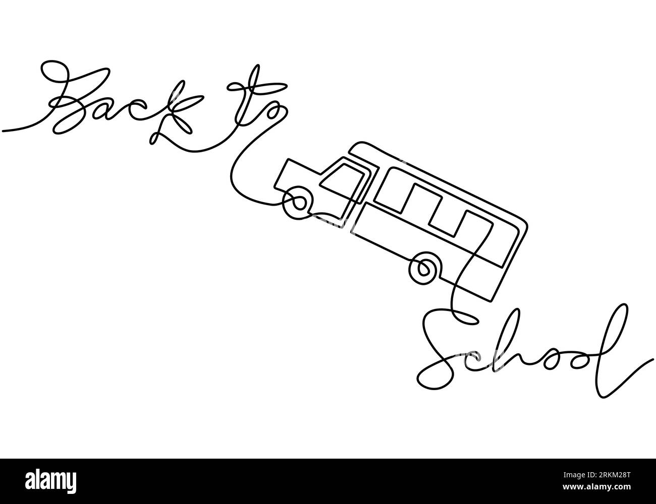 Continuous one line drawing of back to school handwritten words with school bus isolated on white background. Illustrazione Vettoriale