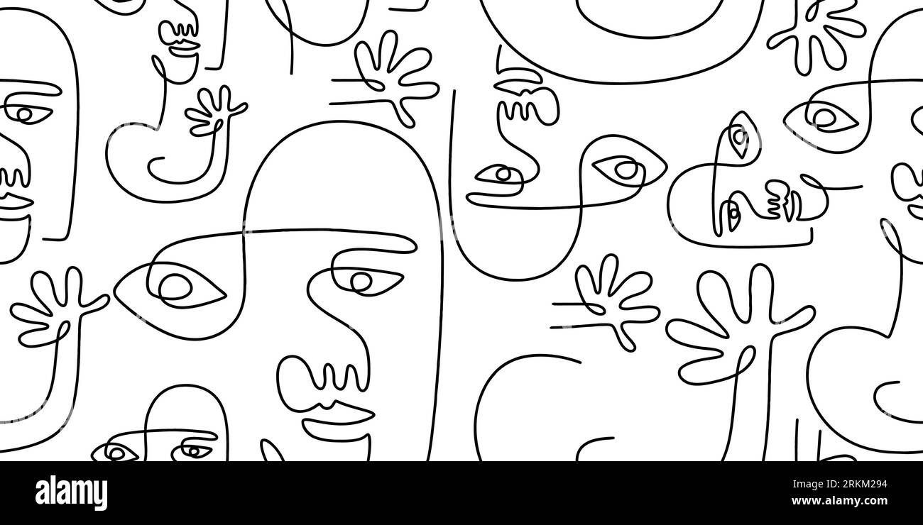 Ritratti con una linea di ritratti astratti per il viso femminile, set minimalista. Facce maschere ripetizione ripetuta. Illustrazione vettoriale su sfondo bianco Illustrazione Vettoriale