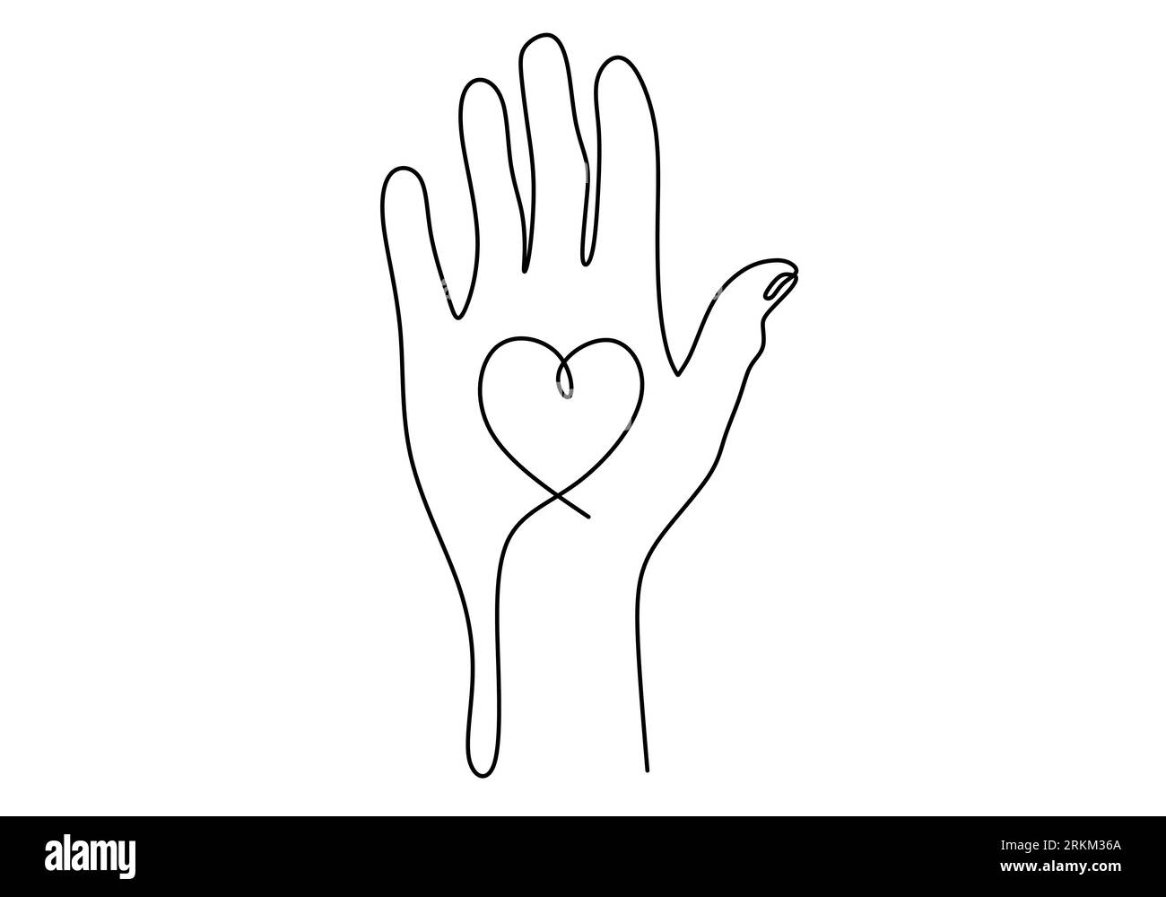 Disegno continuo a linea singola della mano aperta con forma a cuore al centro per il concetto di giornata di beneficenza isolato su sfondo bianco. Illustrazione Vettoriale