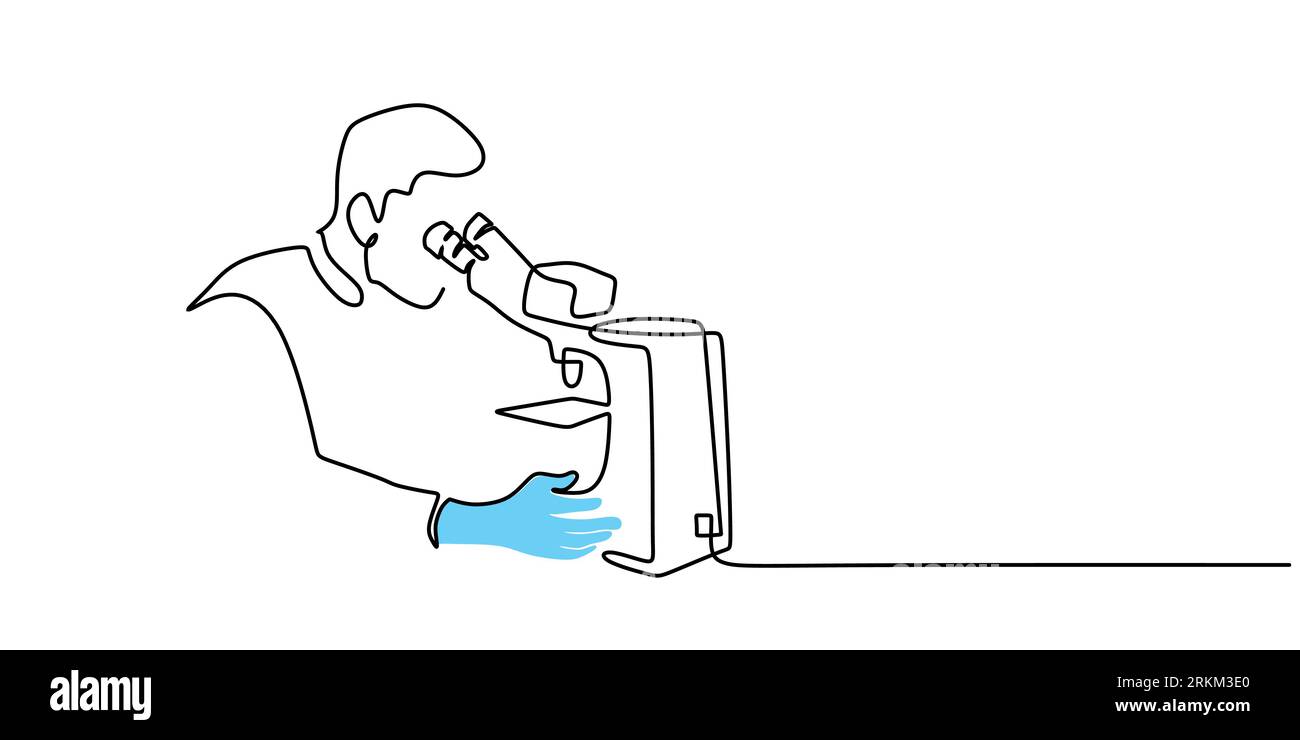 Una singola linea continua di scienziati con microscopio isolato su sfondo bianco. Illustrazione Vettoriale