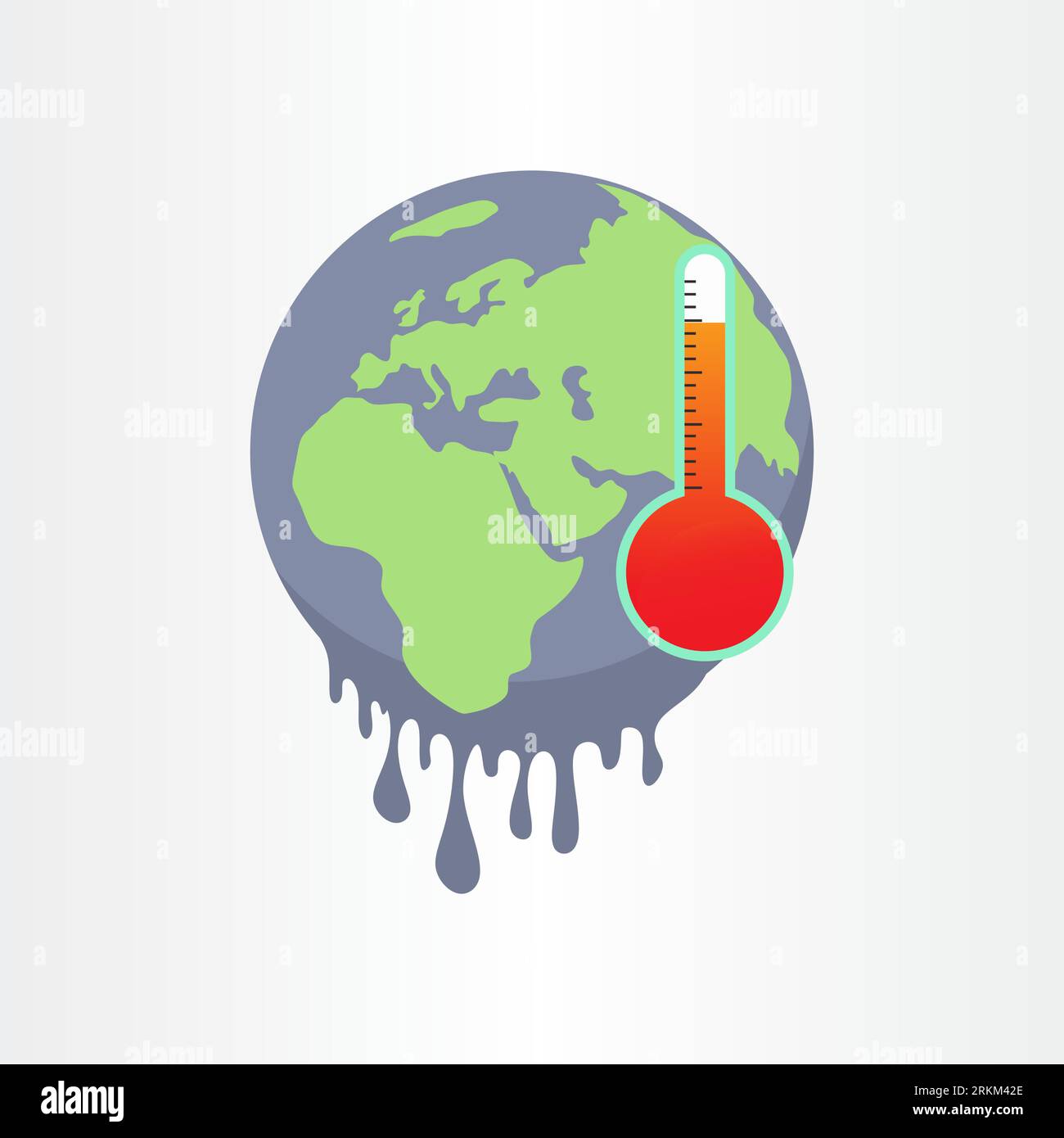 Climate change symbol with earth and red thermometer. Global warming and damage of ecology. World map melting caused by air pollution and environmenta Illustrazione Vettoriale