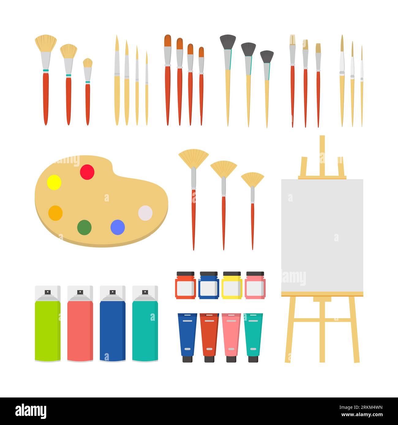 Collezione di strumenti di disegno per pittore in molti set in stile elemento piatto. Illustrazione Vettoriale