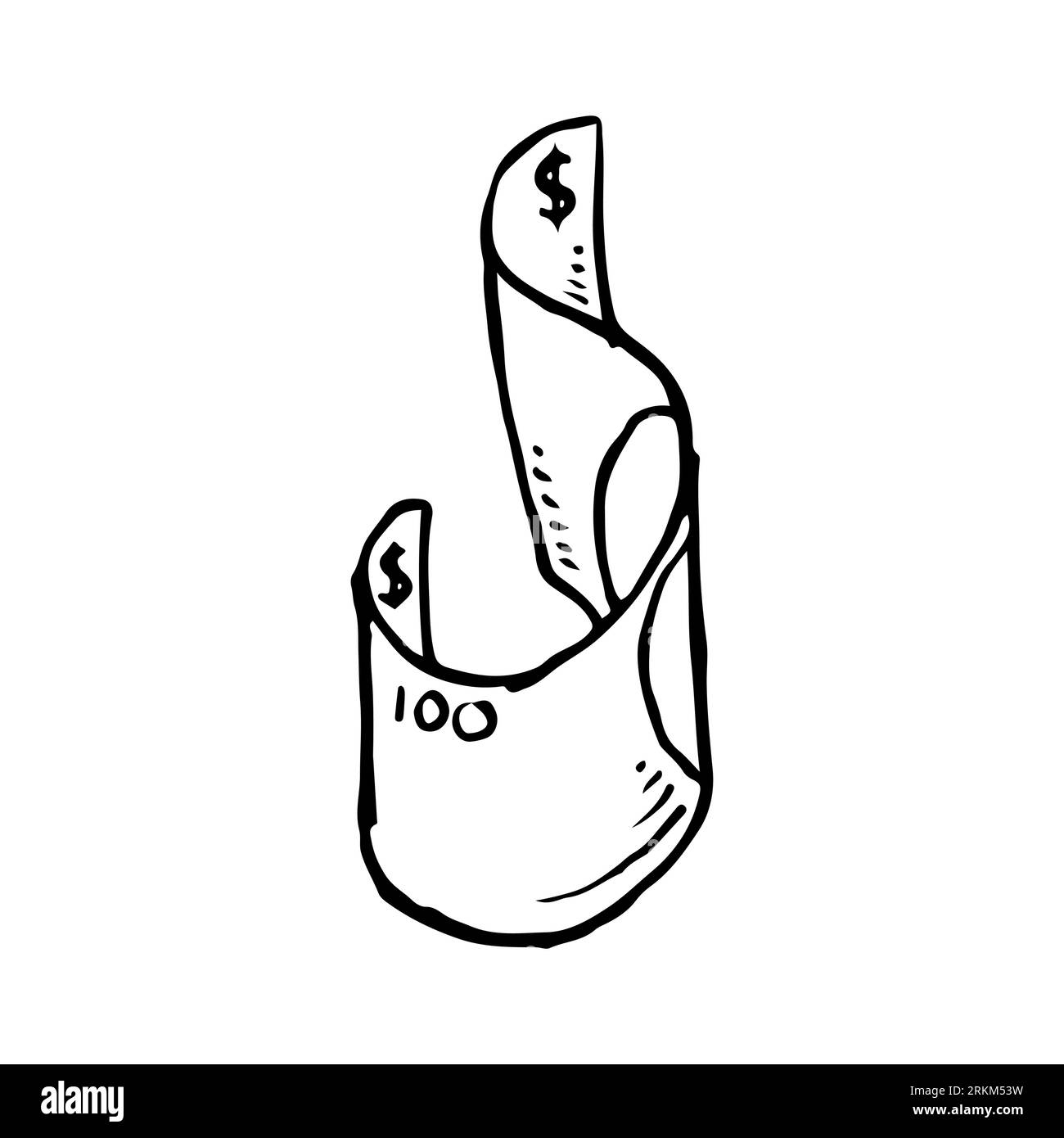 Illustrazione vettoriale disegnata a mano moneta dollaro valuta di carta. Simbolo del denaro contante isolato su sfondo bianco. Elemento di design per le banconote in dollari Illustrazione Vettoriale
