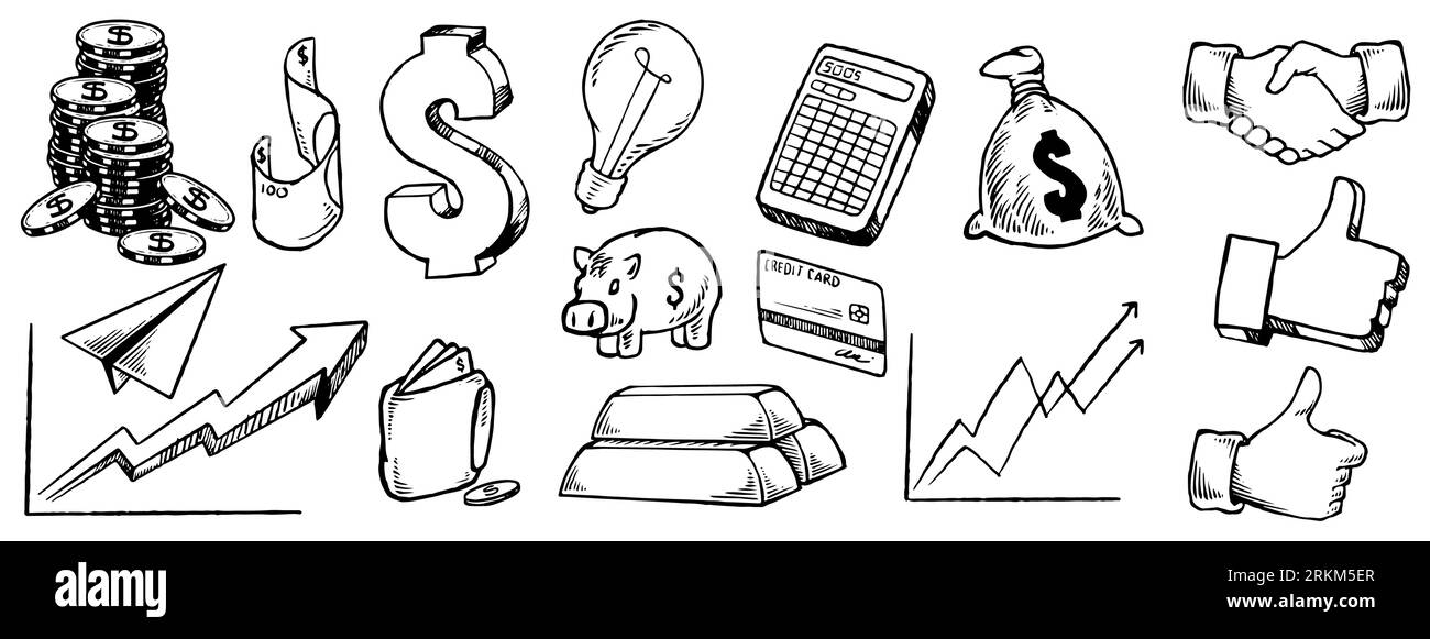 Disegnato a mano per risparmiare denaro. Finanza, pagamenti, banche, contanti. Doodle Icon concetto di componente orientato al successo del business, finanziario Illustrazione Vettoriale