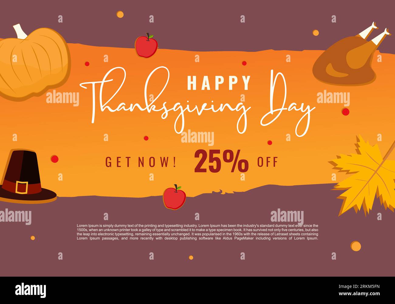 Calligrafia del banner della vendita del giorno del Ringraziamento. Iscrizione Happy Thanksgiving stagione autunnale. Design vettoriale di zucca e foglia d'acero a prezzi scontati Illustrazione Vettoriale