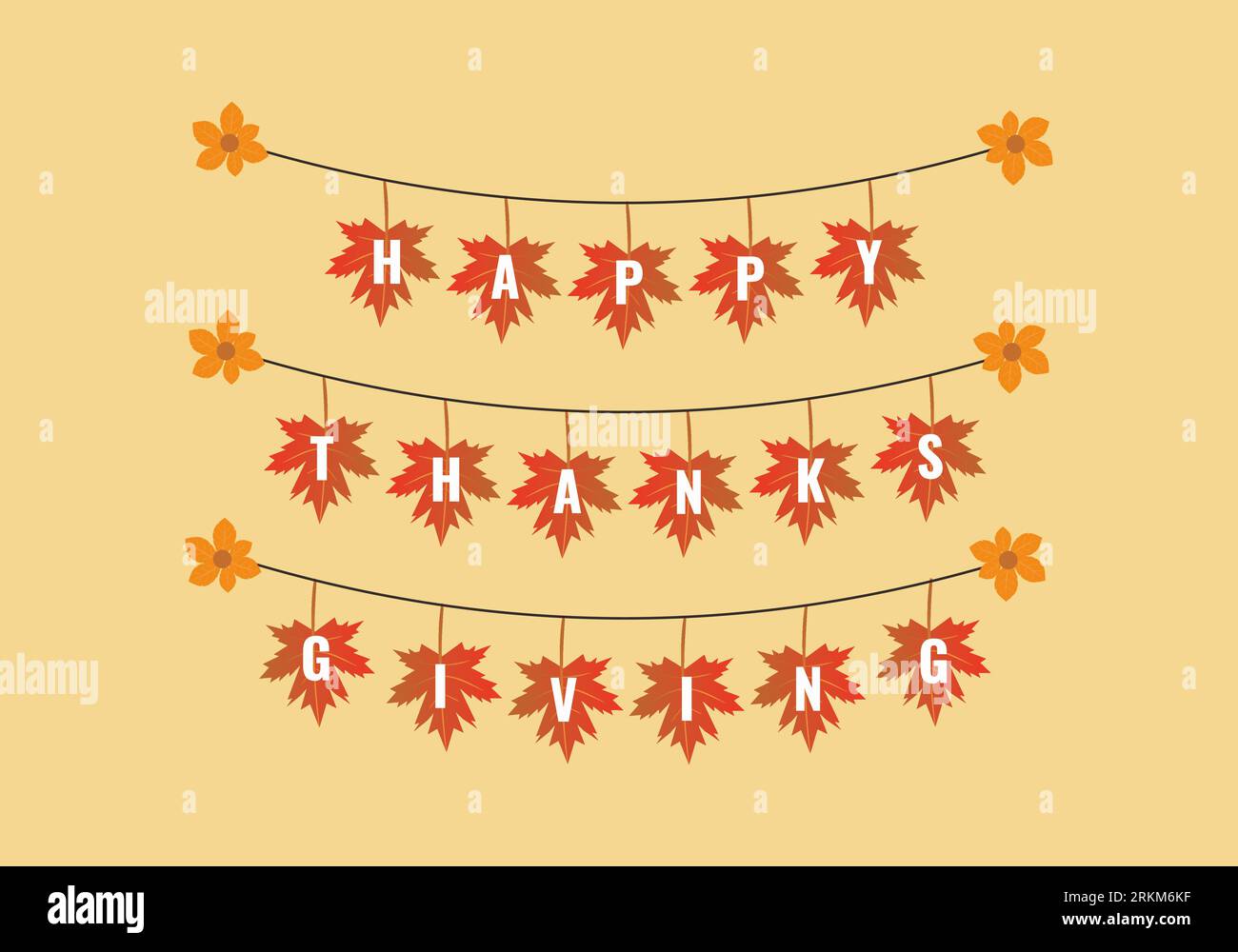 Giorno del Ringraziamento con foglie autunnali. Biglietto d'auguri in stile vintage per il giorno del Ringraziamento con scritta "Happy Thanksgiving". Malato vettore disegnato a mano Illustrazione Vettoriale