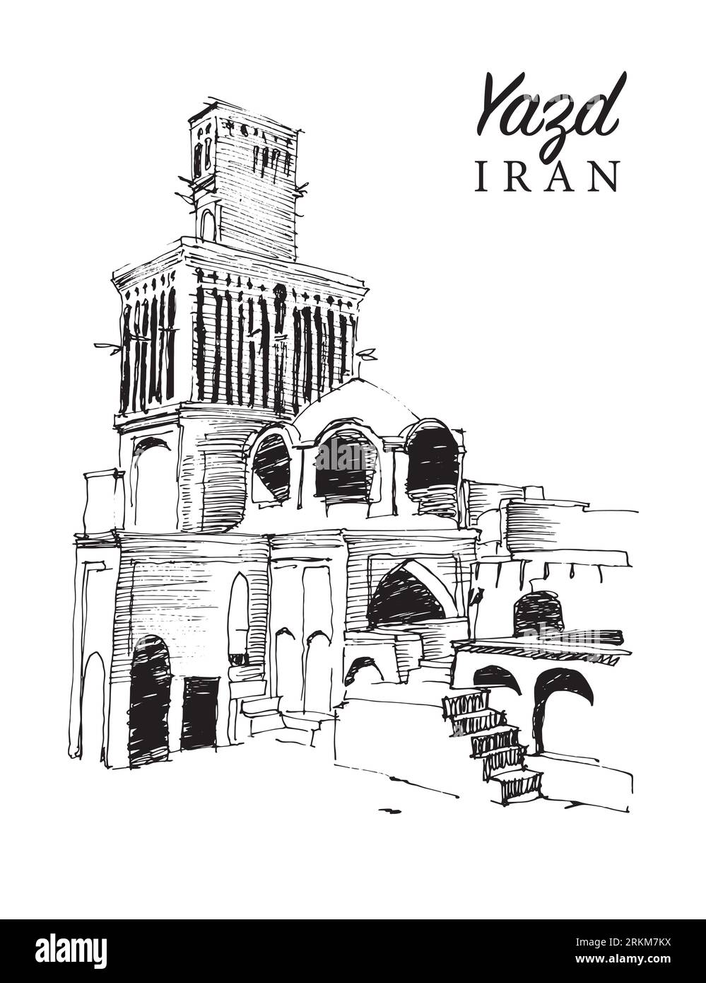 Illustrazione di uno schizzo vettoriale disegnato a mano della città di Yazd in Iran, famosa per le sue torri di cattura del vento e l'architettura unica. Foto Stock