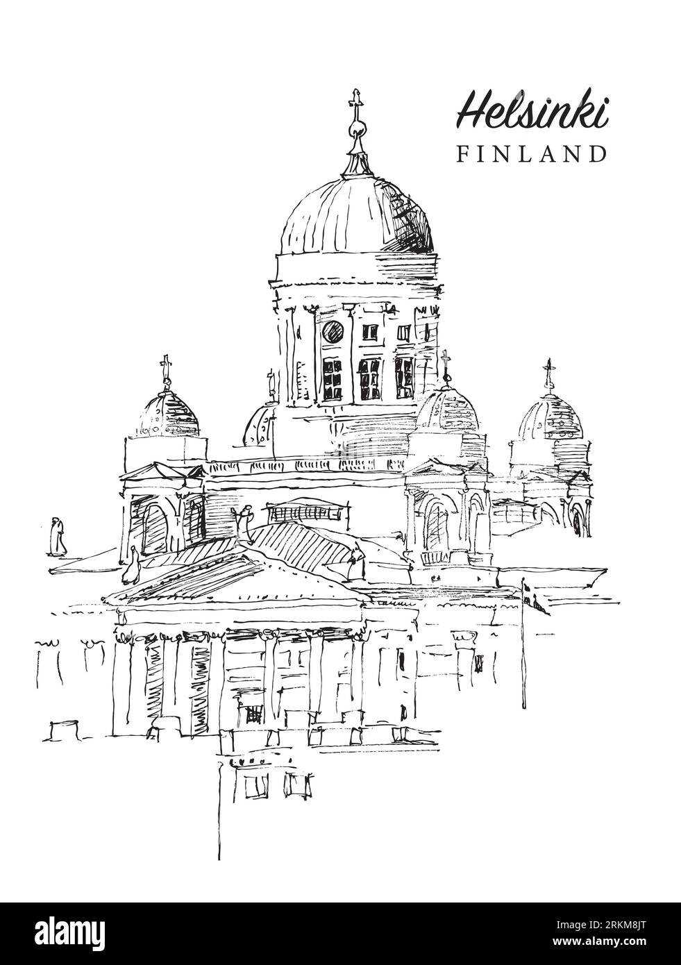 Disegno vettoriale disegnato a mano della cattedrale di Helsinki, la capitale della Finlandia. Foto Stock