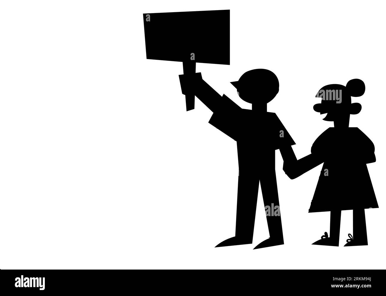 Silhouette nera di personaggi maschili e femminili dei cartoni animati che tengono un poster e protestano, una coppia che protestano all'esterno, vettore isolato su bianco Illustrazione Vettoriale