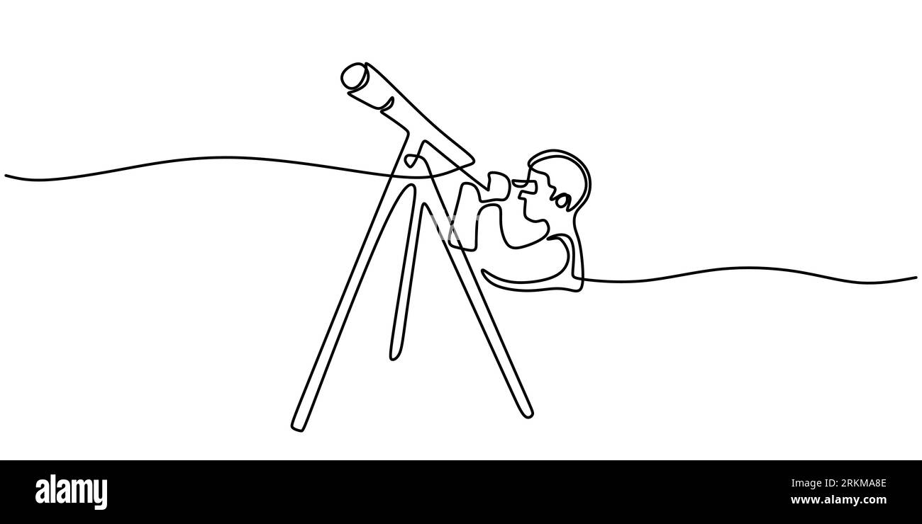 Una singola linea continua di scienziati umani che utilizzano il telescopio isolato su sfondo bianco. Illustrazione Vettoriale