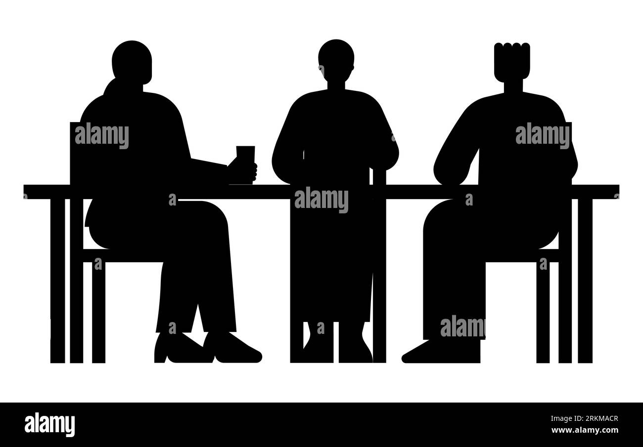Silhouette nera di un gruppo di tre persone che si fermano per il pranzo durante l'orario di ufficio, dipendenti che mangiano cibo dopo il lavoro, vettore isolato su bianco Illustrazione Vettoriale