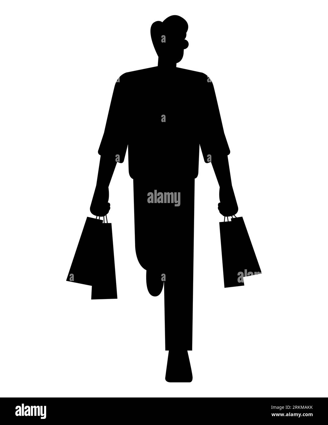 Silhouette nera di un uomo che porta borse della spesa in mano, foto integrale di un giovane uomo che fa shopping, vettore isolato su sfondo bianco Illustrazione Vettoriale