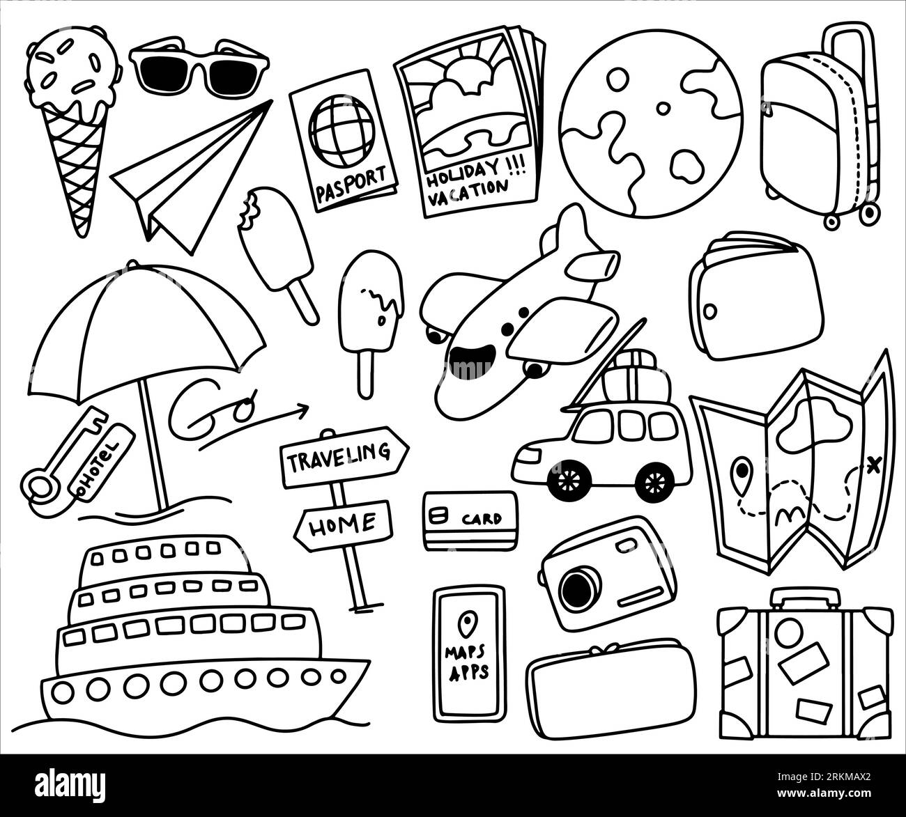 Set di articoli da viaggio disegnati a mano con doodle, isolati su sfondo bianco. Illustrazione Vettoriale