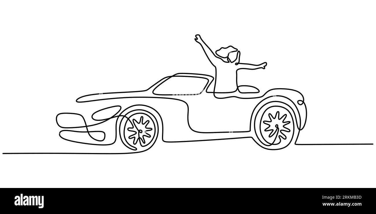 Una linea singola continua di donne che guidano un'auto sportiva isolata su sfondo bianco dal design minimalista. Illustrazione Vettoriale