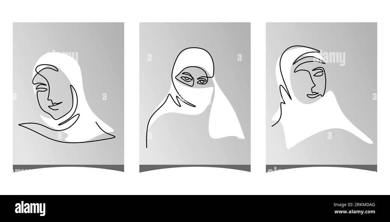 Una singola riga continua di tre poster da donna hijab isolati su sfondo bianco. Illustrazione Vettoriale