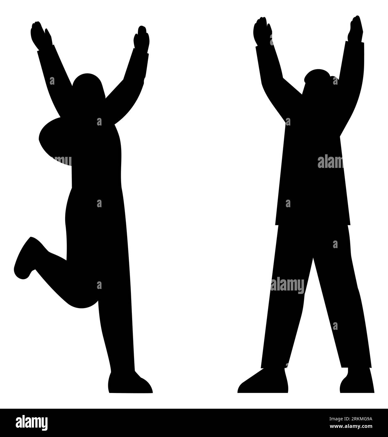 Silhouette nera di un maschio e una femmina che sono molto felici del successo, gente che tira, mani in alto, vettore isolato su sfondo bianco Illustrazione Vettoriale