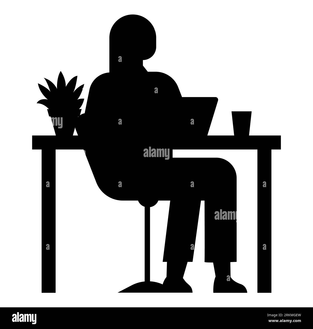 Silhouette nera di una donna che usa un notebook sul tavolo, una lavoratrice d'ufficio, una donna che lavora su un computer portatile a casa, un dipendente che lavora su un progetto, un vettore Illustrazione Vettoriale