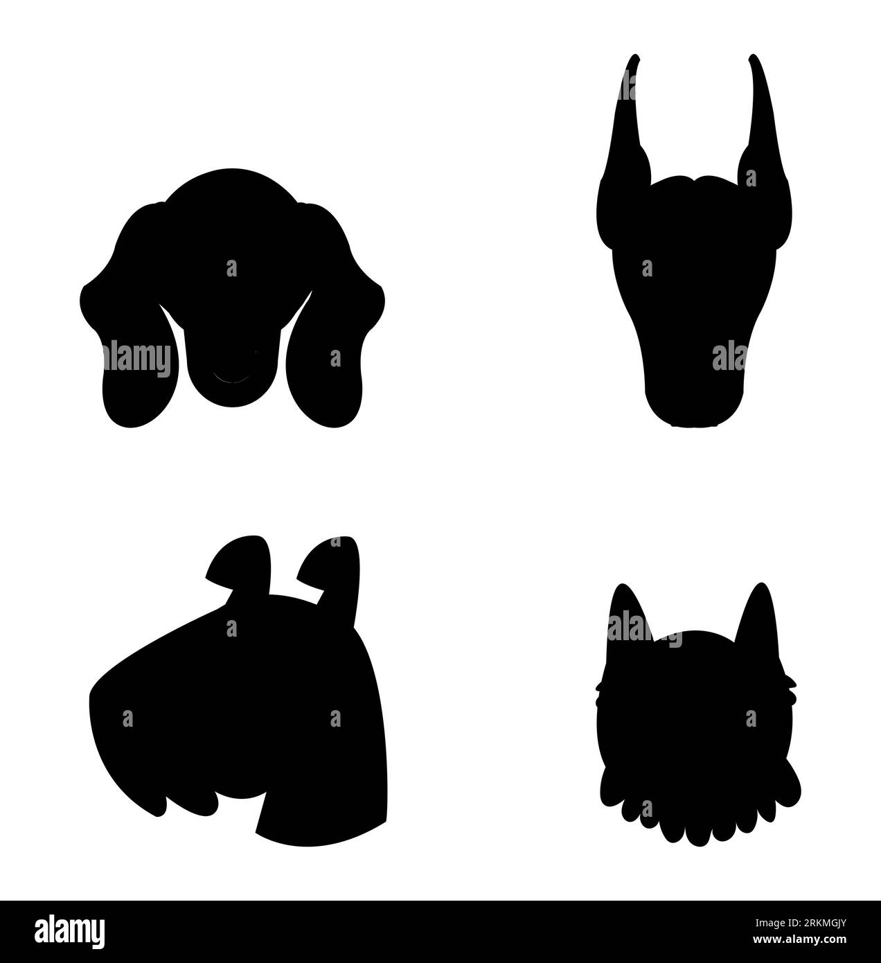 Silhouette nera di quattro mascotte a testa di cane, simpatici volti da cucciolo, Scottish Terrier, schnauzer, Doberman Pinscher, e il vettore di Dachshund isolato su bianco Illustrazione Vettoriale