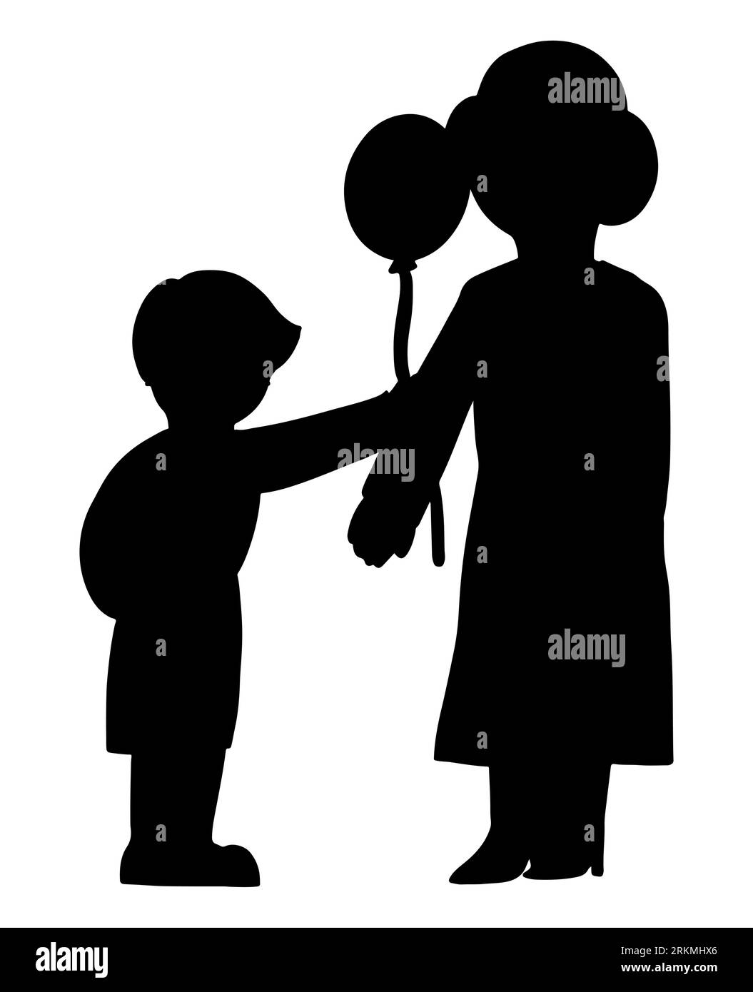 Silhouette nera di un ragazzo che tiene per mano sua madre, sua madre e suo figlio che si diverte e si diverte, vettore isolato su sfondo bianco Illustrazione Vettoriale