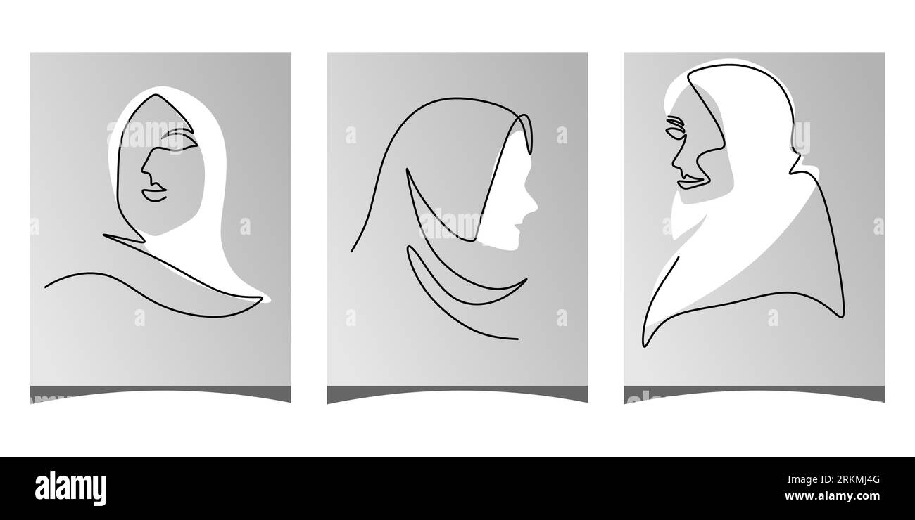 Una singola riga continua di tre poster da donna hijab isolati su sfondo bianco. Illustrazione Vettoriale