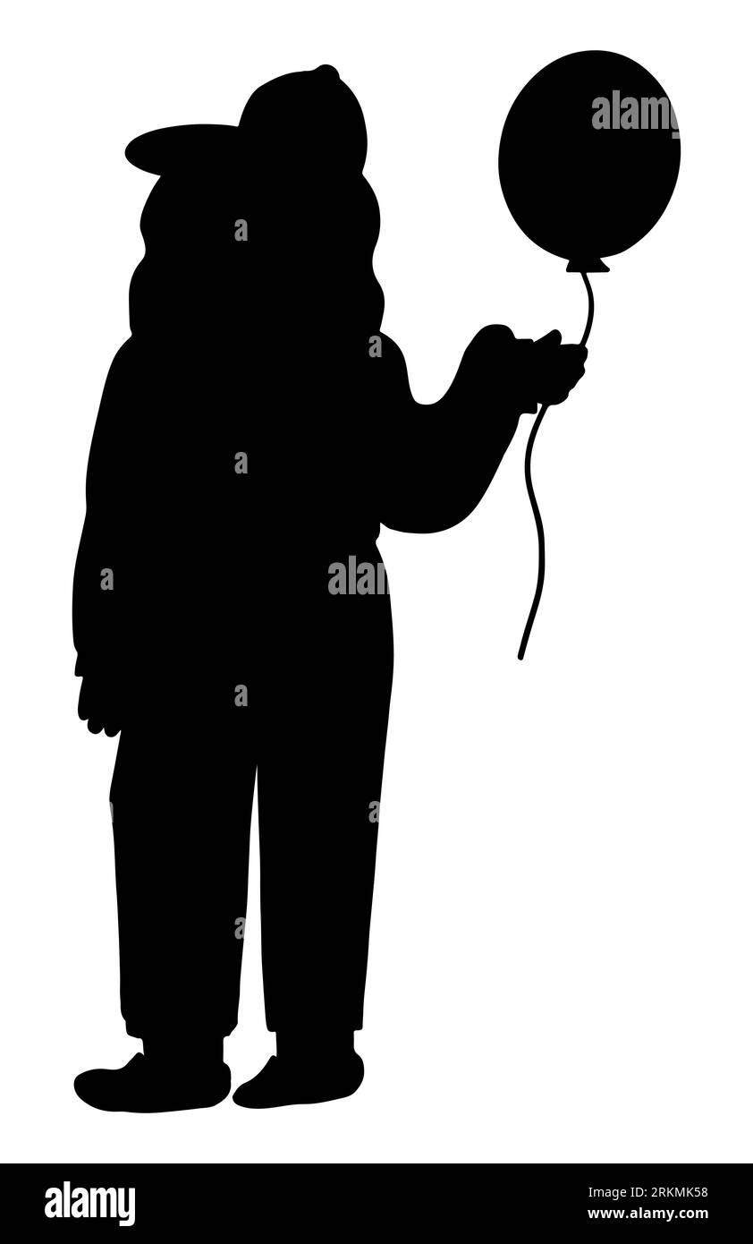Silhouette nera di una ragazza con un palloncino in mano, un bambino che tiene un palloncino, illustrazione vettoriale isolata su uno sfondo bianco Illustrazione Vettoriale