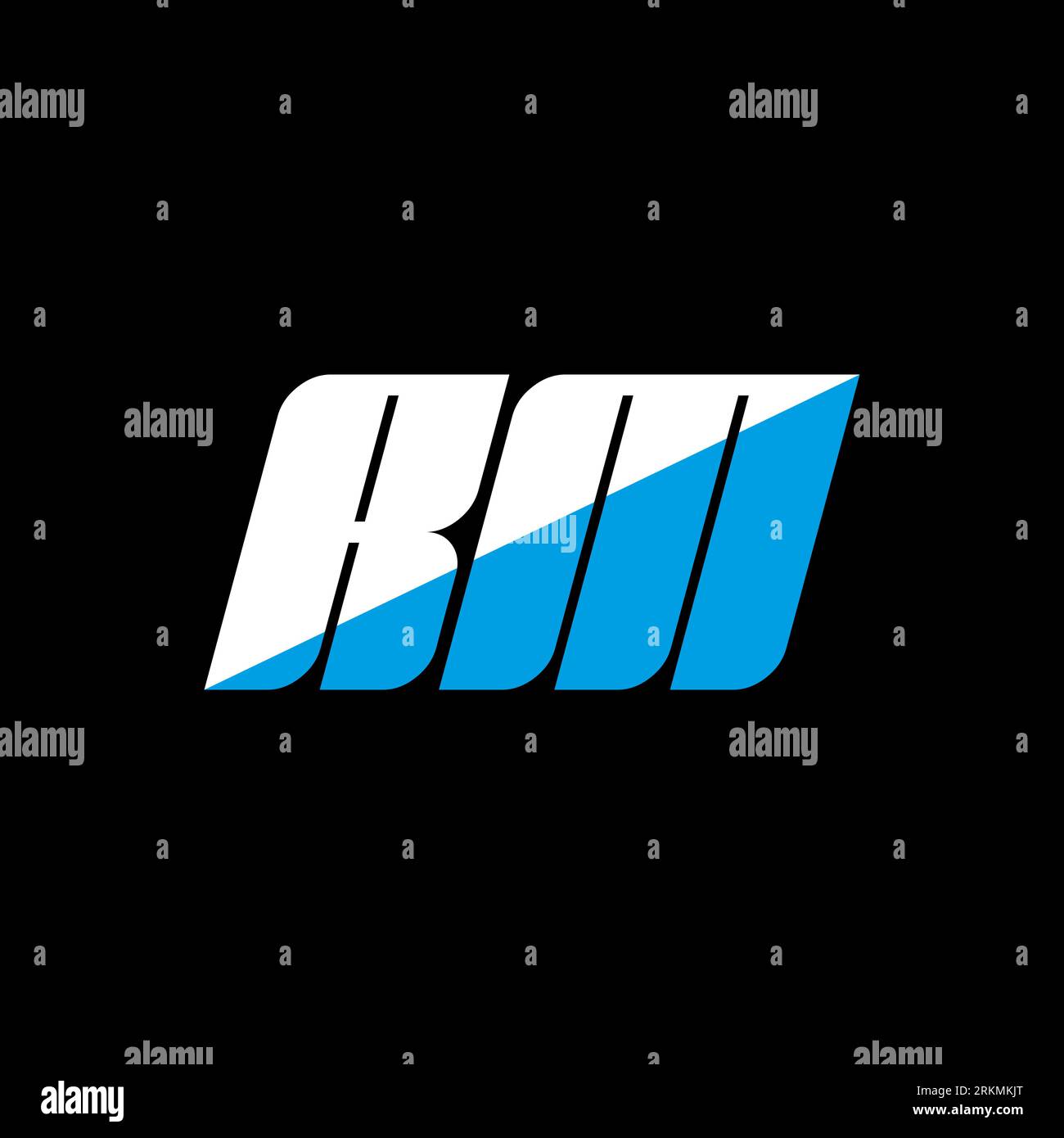 Logo RM Letter su sfondo nero. Concetto di logo lettera con iniziali creative RM. Design icona RM. Icona a forma di lettera bianca e blu RM su bac nero Illustrazione Vettoriale