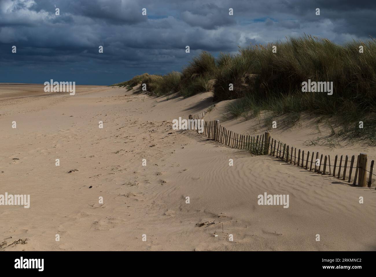 Dune di sabbia viste tra la spiaggia di Holkhm e la spiaggia di Wells-Next-Sea, prese il 14 agosto 2023. Foto Stock