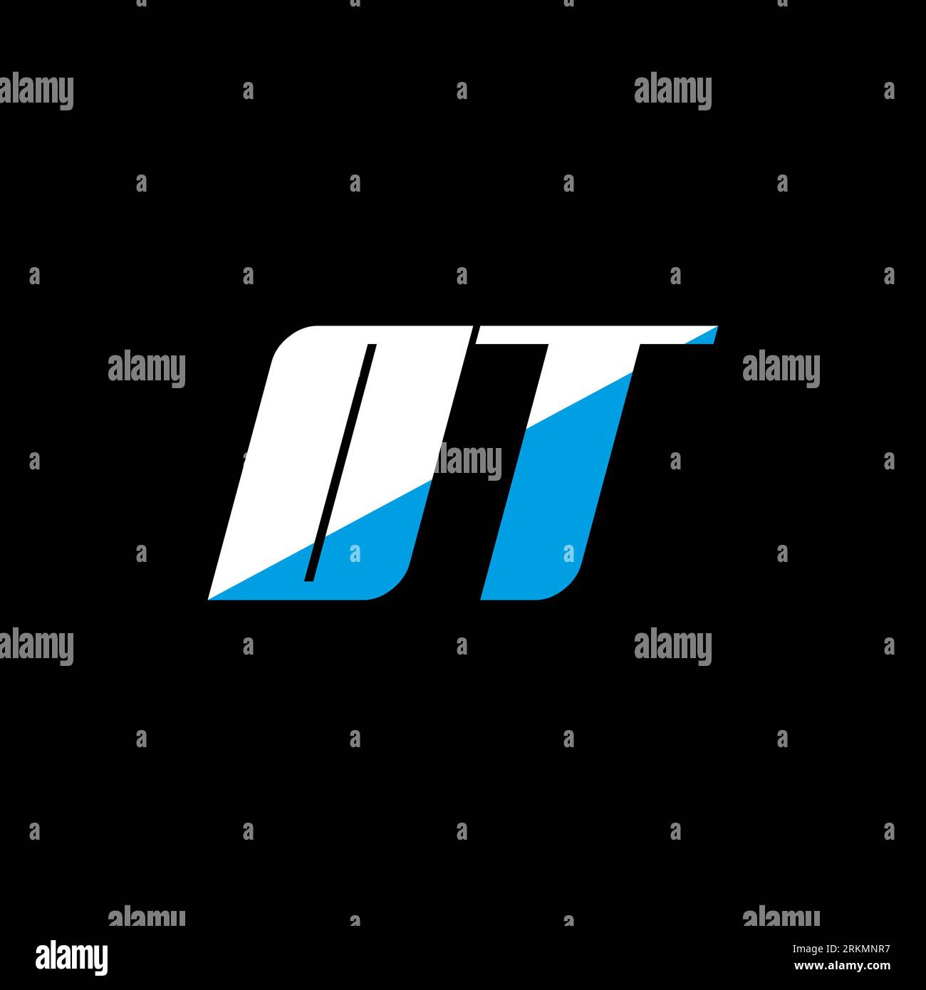 Logo OT Letter su sfondo nero. Concetto di logo Letter con iniziali creative OT. Design dell'icona OT. Icona a forma di lettera bianca e blu OT su bac nero Illustrazione Vettoriale