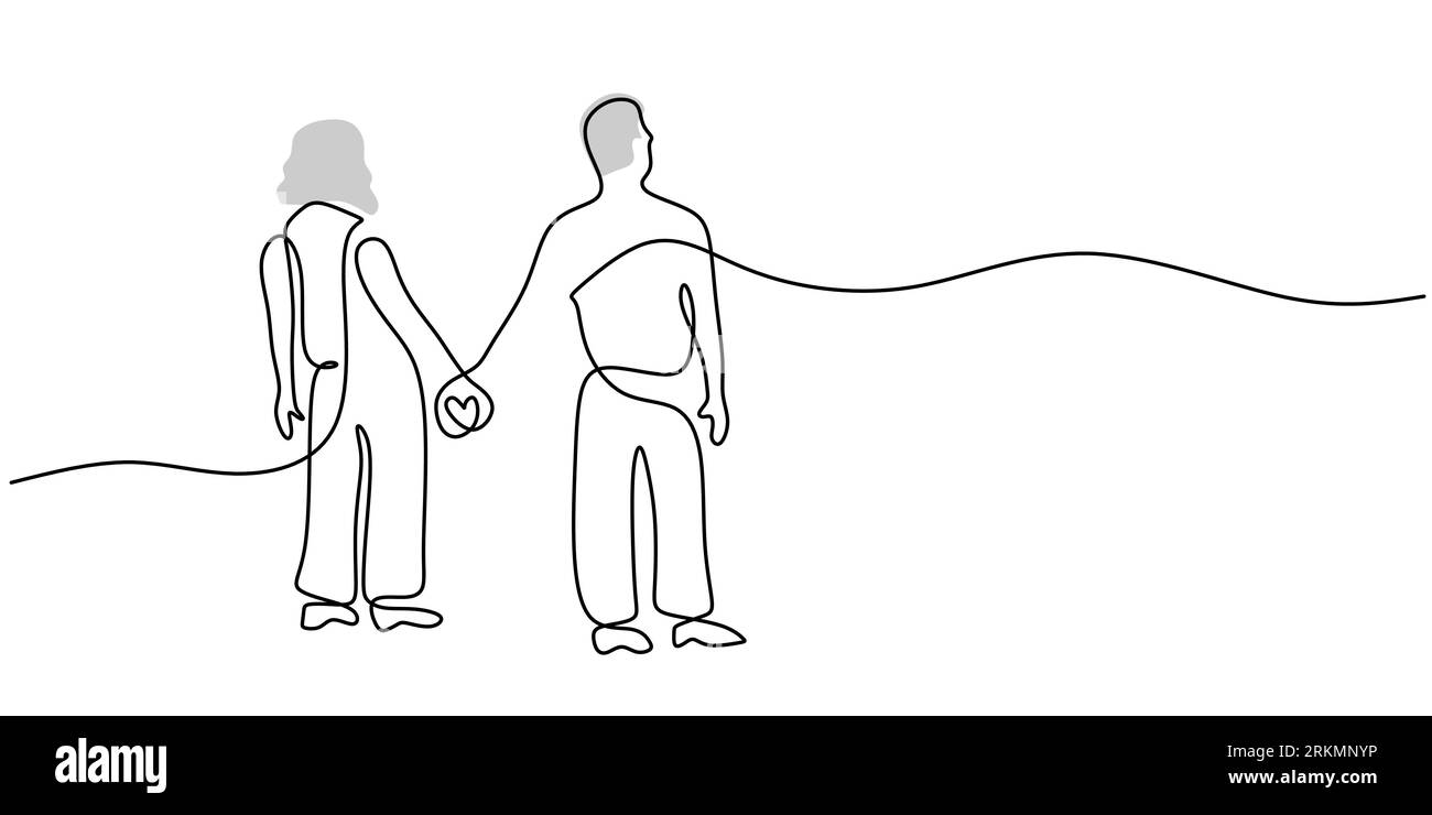 Una singola linea continua di coppie mature mano nella mano isolato su sfondo bianco. Illustrazione Vettoriale