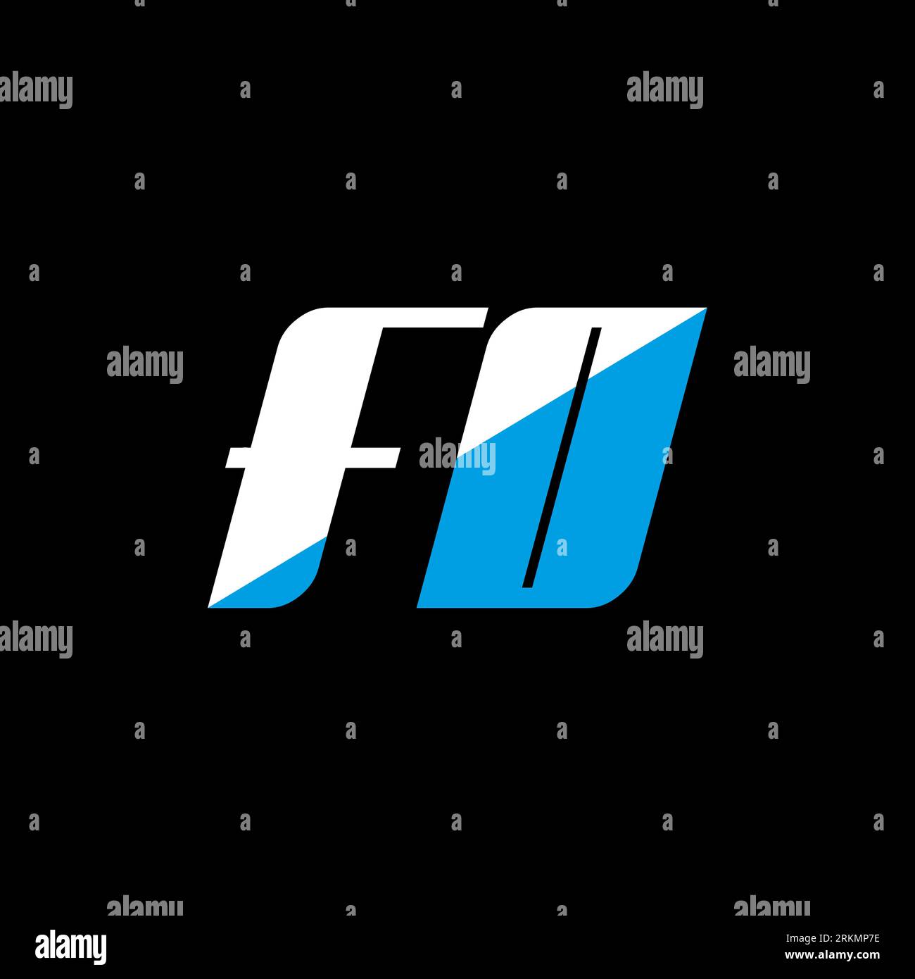 Logo FO Letter su sfondo nero. Concetto di logo lettera con iniziali creative FO. design icona fo. Icona a forma di lettera bianca e blu FO su bac nero Illustrazione Vettoriale