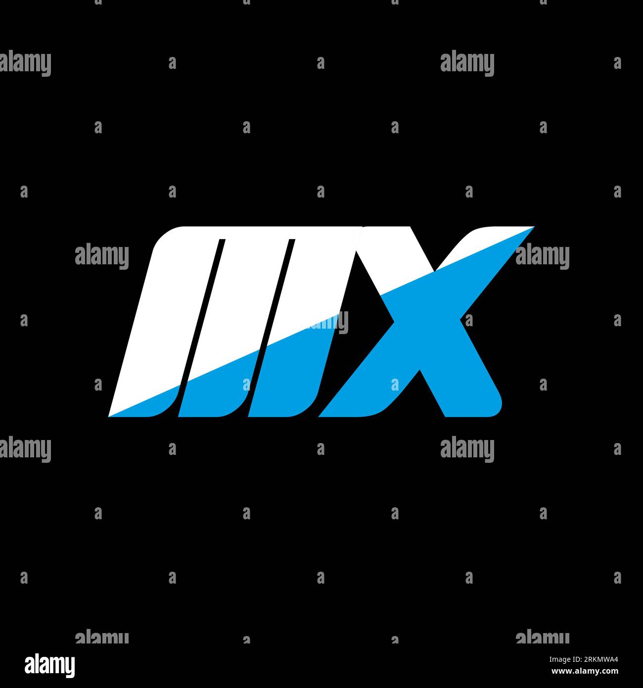 Logo MX Letter su sfondo nero. Ideazione del logo Letter con iniziali creative MX. Design icona MX. Icona MX bianca e blu con lettera su bac nero Illustrazione Vettoriale