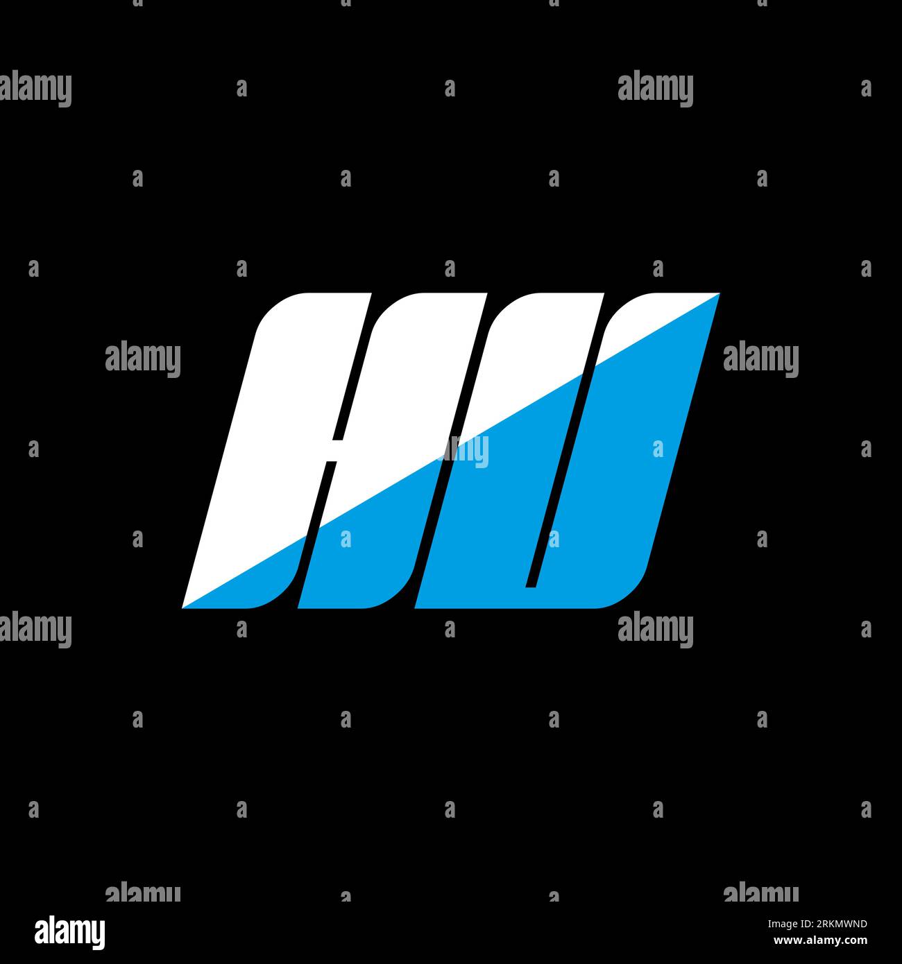 Logo HU Letter su sfondo nero. Concetto logo lettera iniziali creative HU. design dell'icona hu. Icona a forma di lettera bianca e blu HU su bac nero Illustrazione Vettoriale