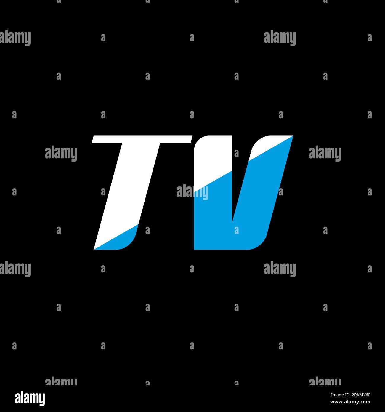 Logo TV Letter su sfondo nero. Concetto di logo Letter con iniziali creative TV. Design icona TV. Icona a forma di lettera bianca e blu del TV su bac nero Illustrazione Vettoriale