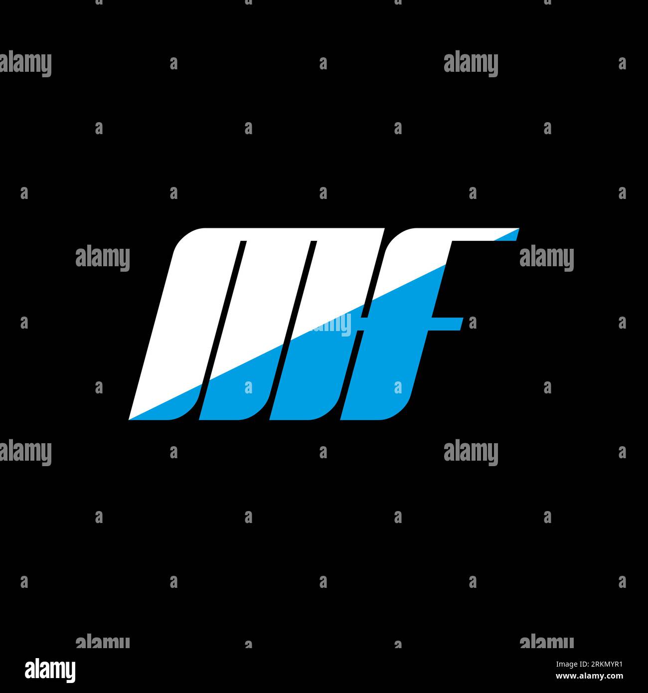Logo MF Letter su sfondo nero. Concetto di logo lettera con iniziali creative MF. Design icona MF. Icona MF bianca e blu con lettere su bac nero Illustrazione Vettoriale