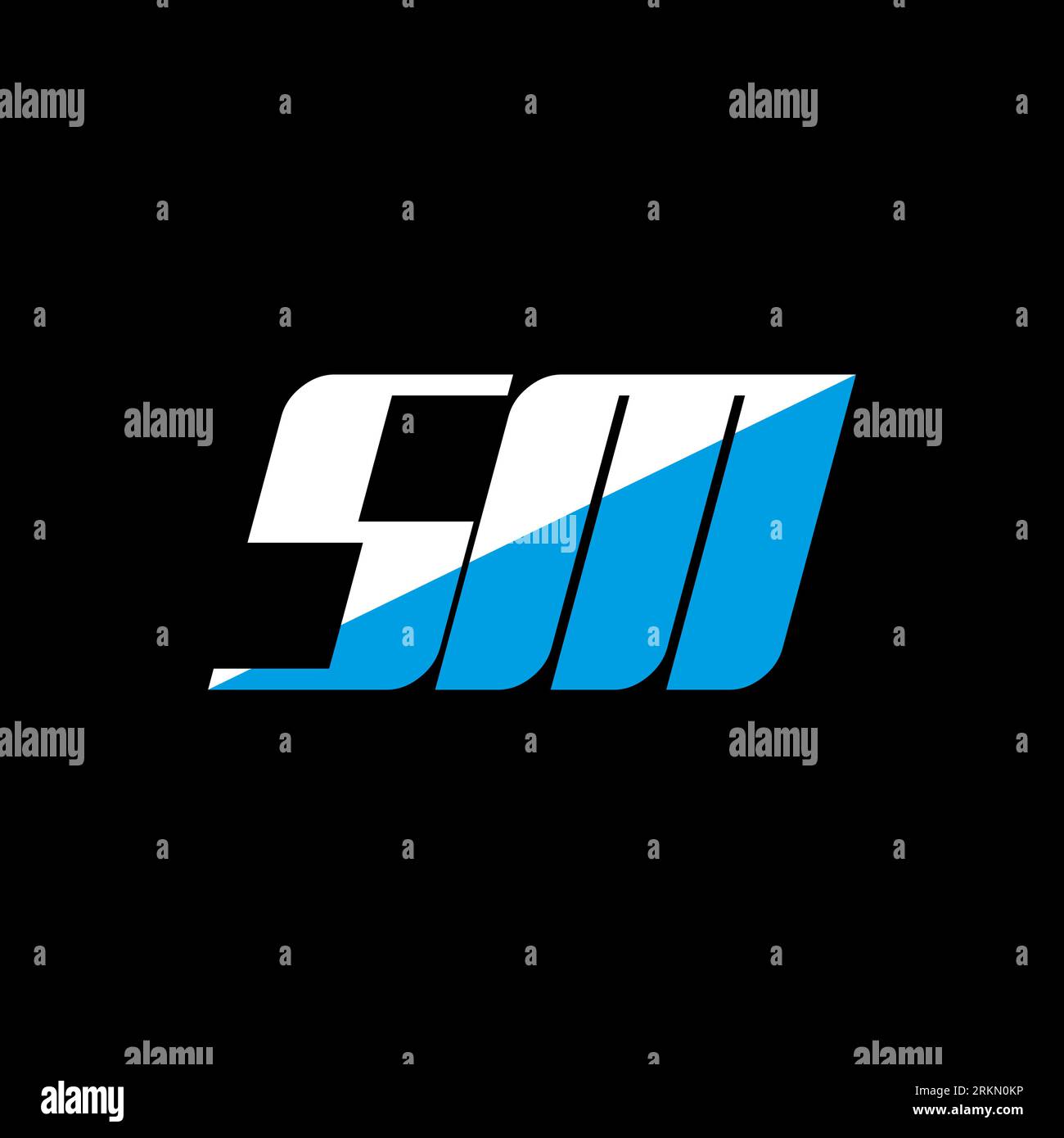 Logo SM Letter su sfondo nero. Concetto di logo lettera con iniziali creative SM. Design icona SM. Icona SM bianca e blu con lettera su bac nero Illustrazione Vettoriale