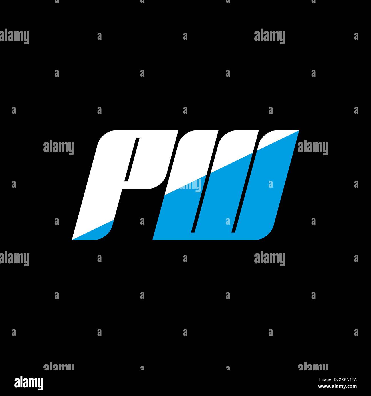 Logo PW Letter su sfondo nero. Concetto logo lettera iniziali creative PW. Design icona PW. Icona PW bianca e blu con lettera su bac nero Illustrazione Vettoriale
